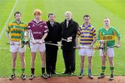8 February 2011; At a photocall in advance of the AIB GAA Hurling and Football Junior and Intermediate Club Championship Finals on Saturday 12th and Sunday 13th February, in Croke Park, are Billy Finn, General Manager, AIB, and Paraic Duffy, Ard Stiúrthóir of the GAA, with Hurling captains, from left, Patrick Dwyer, Ballymartle, Cork, Intermediate, Paul O’Flynn, vice-captain, Dicksboro, Kilkenny, Intermediate, and Robert Jackman, John Lockes, Kilkenny, and Jerry Forrest, Meelin, Cork, Junior. AIB GAA Hurling and Football Junior and Intermediate Captains Photocall, Croke Park, Dublin. Picture credit: Stephen McCarthy / SPORTSFILE