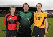 6 February 2011; Team captains Stacey Redmond, Oulart-the-Ballagh, left, and Brenda Hanney, Killimor, with referee Karl O'Brien. All-Ireland Senior Camogie Club Championship Semi-Final, Killimor v Oulart-the-Ballagh, Duggan Park, Ballinasloe, Co. Galway. Picture credit: Brian Lawless / SPORTSFILE