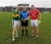 6 February 2011; Referee Michael Duffy, Sligo, with Kerry captain Tomas O Se and Cork captain Noel O'Leary. Allianz Football League Division 1 Round 1, Kerry v Cork, Austin Stack Park, Tralee, Co. Kerry. Picture credit: Stephen McCarthy / SPORTSFILE