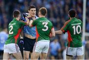 1 October 2016; Diarmuid Connolly of Dublin in a tussle with Mayo's, from left, Brendan Harrison, Donal Vaughan and Kevin McLoughlin late in the first half during the GAA Football All-Ireland Senior Championship Final Replay match between Dublin and Mayo at Croke Park in Dublin. Photo by Piaras Ó Mídheach/Sportsfile
