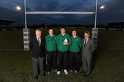 9 February 2011; ESB  Electric Ireland has announced a three year renewal of its sponsorship of the Under 20’s Six Nations Rugby Championship  Home fixtures. ESB is the new name for ESB's Customer Supply business. Pictured at the announcement are Pat Hynes, President, Buccaneers RFC, left, and Ken McKervey, right, with squad members, from left, Eoin McKeon, Daniel Qualter and captain Niall Annette. Ireland take on France on Friday in the first game in the ESB Electric Ireland Home Series on Friday, 11th February at 19.45pm, at Buccaneers Rugby Club, Dubarry Park, Athlone. Picture credit: Stephen McCarthy / SPORTSFILE