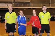 29 January 2011; Rebecca Walsh, DCU, left, and Caitriona Nagle, UCC, before the Plate Final alongside referees Andy Maher, left, and Dermot Broughton. Womens Soccer Colleges Association of Ireland National Futsal Finals, University of Limerick, Limerick. Picture credit: Diarmuid Greene / SPORTSFILE