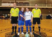 29 January 2011; Lynsey McKey, UL, and Hazel McCafferty, IT Sligo, alongside referees Andy Maher, left, and Dermot Broughton before the game. Womens Soccer Colleges Association of Ireland National Futsal Final, University of Limerick, Limerick. Picture credit: Diarmuid Greene / SPORTSFILE