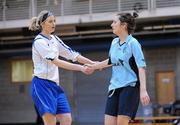 29 January 2011; Catherine Cronin, UCD, exchanges a handshake with Maria Harrington, IT Sligo, after the game. Womens Soccer Colleges Association of Ireland National Futsal Finals, University of Limerick, Limerick. Picture credit: Diarmuid Greene / SPORTSFILE