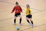29 January 2011; Megan Brick, NUI Maynooth, in action against Claire Cooney, UCC. Womens Soccer Colleges Association of Ireland National Futsal Finals, University of Limerick, Limerick. Picture credit: Diarmuid Greene / SPORTSFILE