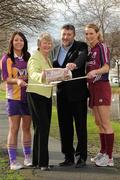 10 February 2011; The Camogie Association has announced that the Irish Daily Star will sponsor the National Camogie Leagues in a two year deal. The news was announced this afternoon at a photocall to mark the beginning of this year’s National League. Twenty three counties will play in four divisions with finals taking place in April. Pictured at the launch were Una Lacey, Wexford, Joan O'Flynn, President of the Camogie Association, Paul Cooke, Managing Director, Irish Daily Star, and Aisling Connolly, Galway. Mespil Road, Dublin. Picture credit: Matt Browne / SPORTSFILE