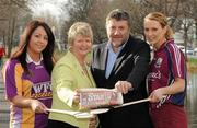 10 February 2011; The Camogie Association has announced that the Irish Daily Star will sponsor the National Camogie Leagues in a two year deal. The news was announced this afternoon at a photocall to mark the beginning of this year’s National League. Twenty three counties will play in four divisions with finals taking place in April. Pictured at the launch were Una Lacey, Wexford, Joan O'Flynn, President of the Camogie Association, Paul Cooke, Managing Director, Irish Daily Star, and Aisling Connolly, Galway. Mespil Road, Dublin. Picture credit: Matt Browne / SPORTSFILE