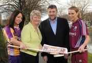 10 February 2011; The Camogie Association has announced that the Irish Daily Star will sponsor the National Camogie Leagues in a two year deal. The news was announced this afternoon at a photocall to mark the beginning of this year’s National League. Twenty three counties will play in four divisions with finals taking place in April. Pictured at the launch were Una Lacey, Wexford, Joan O'Flynn, President of the Camogie Association, Paul Cooke, Managing Director, Irish Daily Star, and Aisling Connolly, Galway. Mespil Road, Dublin. Picture credit: Matt Browne / SPORTSFILE