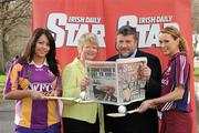 10 February 2011; The Camogie Association has announced that the Irish Daily Star will sponsor the National Camogie Leagues in a two year deal. The news was announced this afternoon at a photocall to mark the beginning of this year’s National League. Twenty three counties will play in four divisions with finals taking place in April. Pictured at the launch were Una Lacey, Wexford, Joan O'Flynn, President of the Camogie Association, Paul Cooke, Managing Director, Irish Daily Star, and Aisling Connolly, Galway. Mespil Road, Dublin. Picture credit: Matt Browne / SPORTSFILE