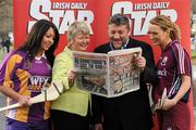 10 February 2011; The Camogie Association has announced that the Irish Daily Star will sponsor the National Camogie Leagues in a two year deal. The news was announced this afternoon at a photocall to mark the beginning of this year’s National League. Twenty three counties will play in four divisions with finals taking place in April. Pictured at the launch were Una Lacey, Wexford, Joan O'Flynn, President of the Camogie Association, Paul Cooke, Managing Director, Irish Daily Star, and Aisling Connolly, Galway. Mespil Road, Dublin. Picture credit: Matt Browne / SPORTSFILE