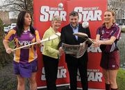 10 February 2011; The Camogie Association has announced that the Irish Daily Star will sponsor the National Camogie Leagues in a two year deal. The news was announced this afternoon at a photocall to mark the beginning of this year’s National League. Twenty three counties will play in four divisions with finals taking place in April. Pictured at the launch were Una Lacey, Wexford, Joan O'Flynn, President of the Camogie Association, Paul Cooke, Managing Director, Irish Daily Star, and Aisling Connolly, Galway. Mespil Road, Dublin. Picture credit: Matt Browne / SPORTSFILE