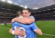 1 October 2016; Diarmuid Connolly of  Dublin celebrates with Denis Bastick at the end of the GAA Football All-Ireland Senior Championship Final Replay match between Dublin and Mayo at Croke Park in Dublin. Photo by David Maher/Sportsfile