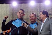 2 October 2016; Dublin captain Stephen Cluxton and manager Jim Gavin are interviewed by MC Marty Morrissey during the All-Ireland Champions Homecoming at Smithfield Square in Dublin. Photo by Piaras Ó Mídheach/Sportsfile