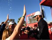 2 October 2016; Dustin Johnson of USA celebrates with the Ryder Cup at the Closing Ceremony of The 2016 Ryder Cup Matches at the Hazeltine National Golf Club in Chaska, Minnesota, USA. Photo by Ramsey Cardy/Sportsfile