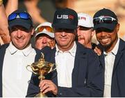 2 October 2016; USA vice-captain Bubba Watson, left, USA captain Davis Love III, centre, and USA vice-captain Tiger Woods with the Ryder Cup at the Closing Ceremony of The 2016 Ryder Cup Matches at the Hazeltine National Golf Club in Chaska, Minnesota, USA. Photo by Ramsey Cardy/Sportsfile