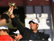 2 October 2016; Patrick Reed of USA celebrates with the Ryder Cup at the Closing Ceremony of The 2016 Ryder Cup Matches at the Hazeltine National Golf Club in Chaska, Minnesota, USA. Photo by Ramsey Cardy/Sportsfile