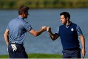 30 September 2016 Rory McIlroy, right, and Thomas Pieters of Europe celebrate winning the 7th hole during the afternoon Fourball Match against Dustin Johnson and Matt Kuchar of USA at The 2016 Ryder Cup Matches at the Hazeltine National Golf Club in Chaska, Minnesota, USA. Photo by Ramsey Cardy/Sportsfile