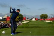 30 September 2016; Rory McIlroy of Europe hits a drive from the 18th during the morning Foursomes Match against Rory McIlroy and Andy Sullivan of Europe at The 2016 Ryder Cup Matches at the Hazeltine National Golf Club in Chaska, Minnesota, USA. Photo by Ramsey Cardy/Sportsfile