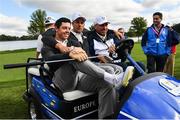 29 September 2016; Rory McIlroy, left, Henrik Stenson and Europe vice-captain Thomas Bjørn, right, make their way to the seventh hole during a practice session ahead of The 2016 Ryder Cup Matches at the Hazeltine National Golf Club in Chaska, Minnesota, USA. Photo by Ramsey Cardy/Sportsfile