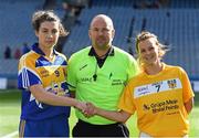 25 September 2016; Team captains Mairéad Reynolds, left, of Longford and Jenny McCavana of Antrim shake hands in the company of referee Jonathan Murphy before the TG4 Ladies Football All-Ireland Junior Football Championship Final match between Antrim and Longford at Croke Park in Dublin. Photo by Brendan Moran/Sportsfile