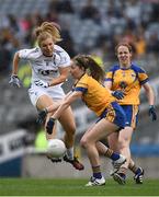 25 September 2016; Maria Moolick of Kildare has her shot blocked by Ellie O'Gorman of Clare during the TG4 Ladies Football All-Ireland Intermediate Football Championship Final match between Clare and Kildare at Croke Park in Dublin.  Photo by Brendan Moran/Sportsfile