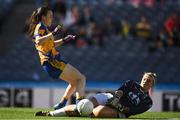 25 September 2016; Mary Hulgraine of Kildare makes a save from Gráinne Nolan of Clare during the TG4 Ladies Football All-Ireland Intermediate Football Championship Final match between Clare and Kildare at Croke Park in Dublin.  Photo by Brendan Moran/Sportsfile
