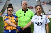 25 September 2016; Laurie Ryan of Clare and Aisling Holton of Kildare shake hands in the company of referee Keith Delahunty before the TG4 Ladies Football All-Ireland Intermediate Football Championship Final match between Clare and Kildare at Croke Park in Dublin.  Photo by Brendan Moran/Sportsfile