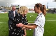 25 September 2016; Marie Hickey, President, LGFA, with Kildare captain Aisling Holton team before the TG4 Ladies Football All-Ireland Intermediate Football Championship Final match between Clare and Kildare at Croke Park in Dublin.  Photo by Brendan Moran/Sportsfile