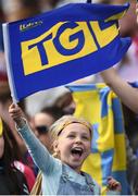 25 September 2016; A supporter cheers on her team during the TG4 Ladies Football All-Ireland Junior Football Championship Final match between Antrim and Longford at Croke Park in Dublin.  Photo by Brendan Moran/Sportsfile