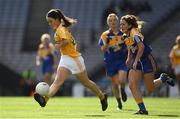 25 September 2016; Áine Devlin of Antrim in action against Sinéad Hughes of Longford during the TG4 Ladies Football All-Ireland Junior Football Championship Final match between Antrim and Longford at Croke Park in Dublin.  Photo by Brendan Moran/Sportsfile