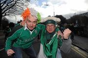 13 February 2011; Ireland supporters Kieran O'Keeffe, left, and Billy O'Connor, from Cork, on their way to the Ireland v France, RBS Six Nations Rugby Championship, match at the Aviva Stadium, Lansdowne Road, Dublin. Picture credit: Brian Lawless / SPORTSFILE