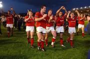 6 October 2001; Munster players from left, Jim Williams, John Kelly, Anthony Foley, Anthony Horgan, Mike Mullins, Peter Stringer and Marcus Horan celebrate victory over Harlequins. NEC Harlequins v Munster, Heineken European Cup, The Stoop, London, England. Rugby. Picture credit; Brendan Moran / SPORTSFILE *EDI*