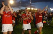 6 October 2001; Munster players, from left, Marcus Horan, Mike Mullins and Frank Sheahan celebrate victory over Harlequins. NEC Harlequins v Munster, Heineken European Cup, The Stoop, London, England. Rugby. Picture credit; Brendan Moran / SPORTSFILE *EDI*