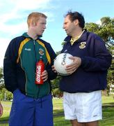 10 October 2001; Dermot McCabe, left, who did not train, in conversation with team doctor Dr Tom Foley during an Irish squad training session in preparation for the Foster's International Rules Series against Australia. The Junction Oval, Melbourne, Australia. Aust2001. Picture credit; Ray McManus / SPORTSFILE *EDI*