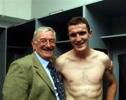 19 October 2001; Paddy Clarke and Graham Canty celebrate Ireland's win. Australia v Ireland, Foster's International Rules Series, second test, Football Park, Adelaide, Australia. Aust2001. Picture credit; Ray McManus / SPORTSFILE *EDI*