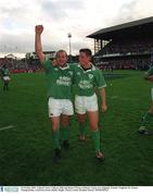20 October 2001; Ireland's Peter Clohessy (left) and Ronan O'Gara celebrate victory over England. Ireland v England, Six Nations Championship, Lansdowne Road, Dublin. Rugby. Picture credit; Brendan Moran / SPORTSFILE