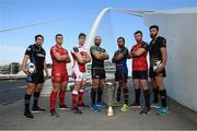 5 October 2016; Players from the PRO12 clubs, from left, Henry Pyrgos of Glasgow Warriors, Scott Williams of Scarlets, Andrew Trimble of Ulster, John Muldoon of Connacht, Isa Nacewa of Leinster, Peter O'Mahony of Munster, and George Biagi of Zebre in attendance at the 2016/17 European Rugby Champions Cup and Challenge Cup launch at the Spencer Dock, North Wall Quay, Dublin. Photo by Stephen McCarthy/Sportsfile