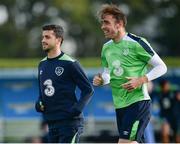 5 October 2016; Shane Long, left, and Richard Keogh of Republic of Ireland during squad training at the FAI National Training Centre in Abbotstown, Dublin. Photo by Seb Daly/Sportsfile