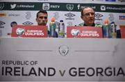5 October 2016; Republic of Ireland manager Martin O'Neill, right, with Seamus Coleman during a press conference at the FAI National Training Centre in Abbotstown, Dublin. Photo by David Maher/Sportsfile