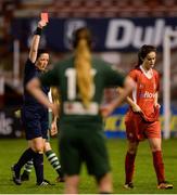 5 October 2016; Alexandra Kavanagh of Shelbourne Ladies, right, is shown a red card by referee Deirdre Nolan during the Continental Tyres Women's National League match between Shelbourne Ladies and Cork City WFC at Tolka Park, Dublin. Photo by Seb Daly/Sportsfile