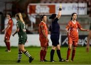 5 October 2016; Alexandra Kavanagh of Shelbourne Ladies, right, is shown a second yellow card by referee Deirdre Nolan during the Continental Tyres Women's National League match between Shelbourne Ladies and Cork City WFC at Tolka Park, Dublin. Photo by Seb Daly/Sportsfile