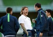 6 October 2016; Jeff Hendrick of Republic of Ireland, centre, shares a joke with team-mates Robbie Brady, left, and John O'Shea, right, ahead of the FIFA World Cup Group D Qualifier match between Republic of Ireland and Georgia at Aviva Stadium, Lansdowne Road in Dublin. Photo by Seb Daly/Sportsfile