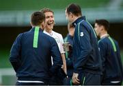 6 October 2016; Jeff Hendrick of Republic of Ireland, centre, shares a joke with team-mates Robbie Brady, left, and John O'Shea, right, ahead of the FIFA World Cup Group D Qualifier match between Republic of Ireland and Georgia at Aviva Stadium, Lansdowne Road in Dublin. Photo by Seb Daly/Sportsfile