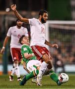 6 October 2016; Tornike Okriashvili of Georgia is tackled by Stephen Ward of Republic of Ireland during the FIFA World Cup Group D Qualifier match between Republic of Ireland and Georgia at Aviva Stadium, Lansdowne Road in Dublin. Photo by Brendan Moran/Sportsfile