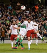 6 October 2016; Robbie Brady of Republic of Ireland clashes heads with Solomon Kverkvelia of Georgia which subsequestly leads to him being stretchered off during the FIFA World Cup Group D Qualifier match between Republic of Ireland and Georgia at Aviva Stadium, Lansdowne Road in Dublin. Photo by Matt Browne/Sportsfile