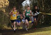 16 February 2011; Jack Kyle, Kings Hospital, grandson of Irish Rugby legend Dr. Jack Kyle, left, on his way to finishing in third place, alongside Adam Kelly, Colaiste Mhuire Mullingar, 2, and Chimme Izochwe, Colaiste Choilm Tullamore, in the Minor Boys event at the Aviva Leinster Schools Cross Country. Santry Demesne, Santry, Dublin. Picture credit: Stephen McCarthy / SPORTSFILE