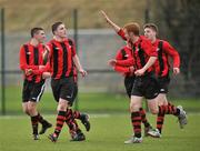 16 February 2011; Noel Varley, left, Galway Technical Institute, celebrates after scoring his side's goal with Mark Dowling, right. CUFL First Division Final, Dundalk IT v Galway Technical Institute, Leixlip United, Leixlip, Co. Dublin. Picture credit: David Maher / SPORTSFILE