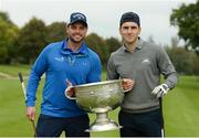 7 October 2016; Dundrum House Hotel Golf and Leisure Resort in Tipperary hosted an star studded fundraising golf day today with proceeds going to the Tipp Players Training Fund, the Dublin Players Training Fund and Tallaght Community Arts, TCA. All-Ireland Hurling Champions Darren Gleeson, Séamus Callanan, Bubbles O’Dwyer, Brendan Maher & Noel McGrath were joined by All-Ireland Football winner Bernard Brogan and a host of sporting celebrities on the Championship Course at Dundrum House in Dundrum, Co Tipperary. Pictured are Dublin footballer Bernard Brogan with singer and philanthropist Keith Duffy and the Sam Maguire Cup. Photo by Piaras Ó Mídheach/Sportsfile