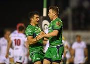 7 October 2016; Jack Carty, right, is congratulated by his Connacht team-mate Tiernan O'Halloran after scoring his side's first try during the Guinness PRO12 Round 6 match between Connacht and Ulster at the Sportsground in Galway. Photo by Stephen McCarthy/Sportsfile
