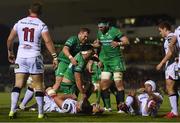 7 October 2016; James Connolly is congratulated by his Connacht team-mates Conor Carey, left, and Andrew Browne after scoring his side's third try during the Guinness PRO12 Round 6 match between Connacht and Ulster at the Sportsground in Galway. Photo by Stephen McCarthy/Sportsfile